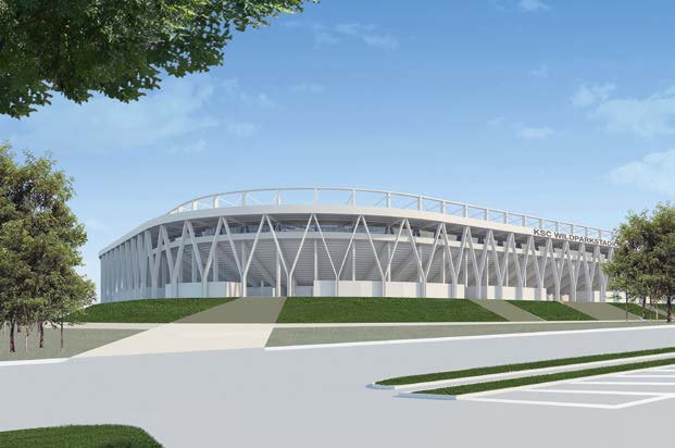 Bei laufendem Spielbetrieb wird das alte Stadion Schritt für Schritt ab- und das neue aufgebaut.