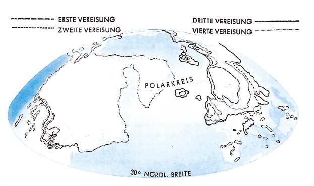 Vor gut 1 Mio. Jahren reichte die nördliche Polkappe noch bis fast zum 30. Breiten-grad. Das ist die Mittelmeerküste Nordafrikas. In dem Zeitraum bis heute erfolgten vier Gletschervorstöße, unterbrochen von wärmeren Perioden des Gletscherrückzugs