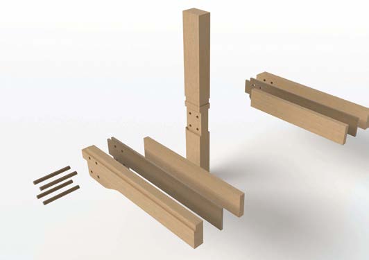 Stützen und Träger sind in den Kreuzungspunkten per Überblattungen miteinander verkämmt. Die 38 cm breiten BS-Holz-Zangenträger sind ab dem 2. OG dreiteilig ausgeführt: Auf einen äußeren, 19 cm breiten Balken, folgen eine 6-8 cm dicke Buchen-FSH-Einlegeplatte und ein weiterer, 11-13 cm breiter, 54 cm hoher Balken.